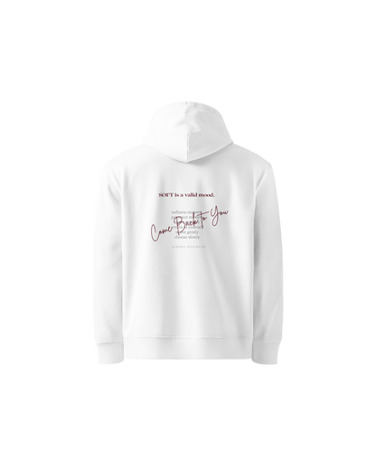 Come Back To You Organic Hoodie in white with Come Back To You chest print