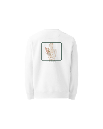 Consistency Organic Sweater in white with Consistency Is A Love Language back print and hand-drawn illustration