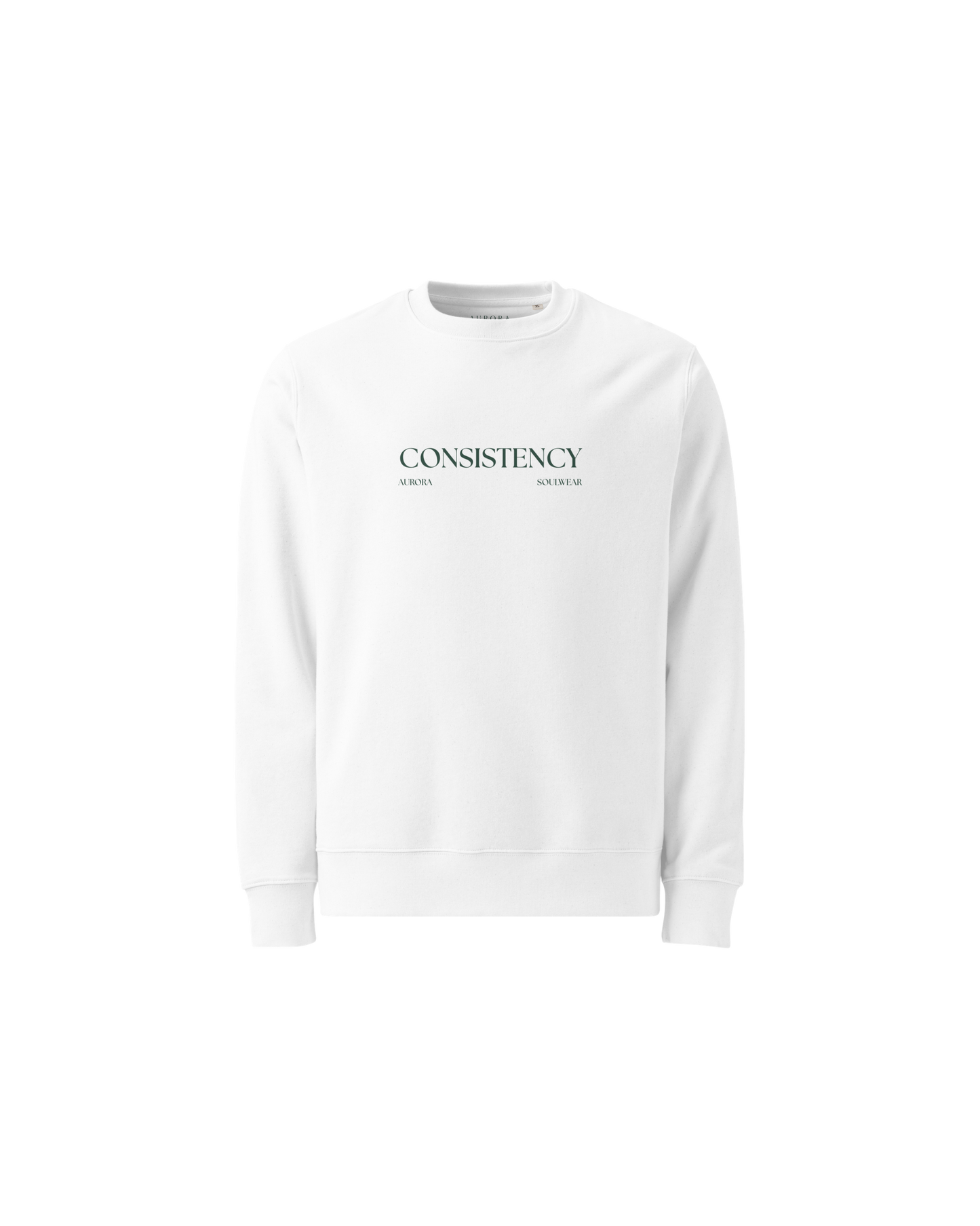 Consistency Organic Sweater in white with Consistency Is A Love Language back print and hand-drawn illustration