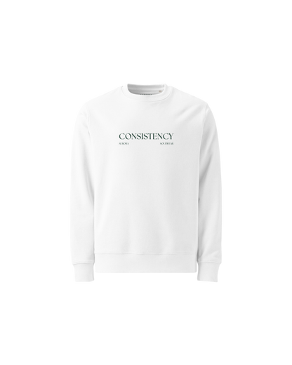 Consistency Organic Sweater in white with Consistency Is A Love Language back print and hand-drawn illustration