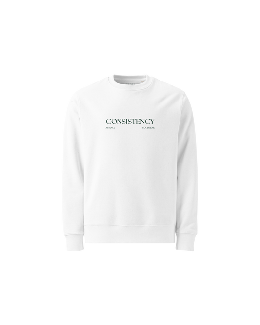 Consistency Organic Sweater in white with Consistency Is A Love Language back print and hand-drawn illustration