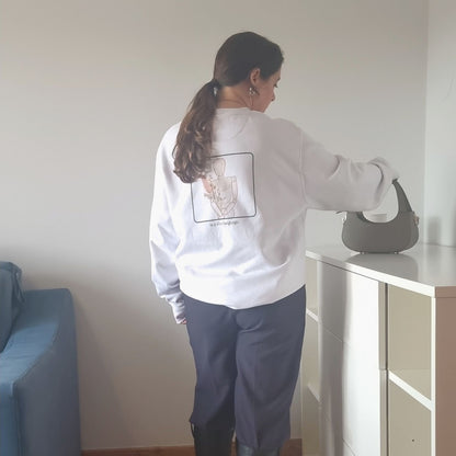 Consistency Organic Sweater in white with Consistency Is A Love Language back print and hand-drawn illustration