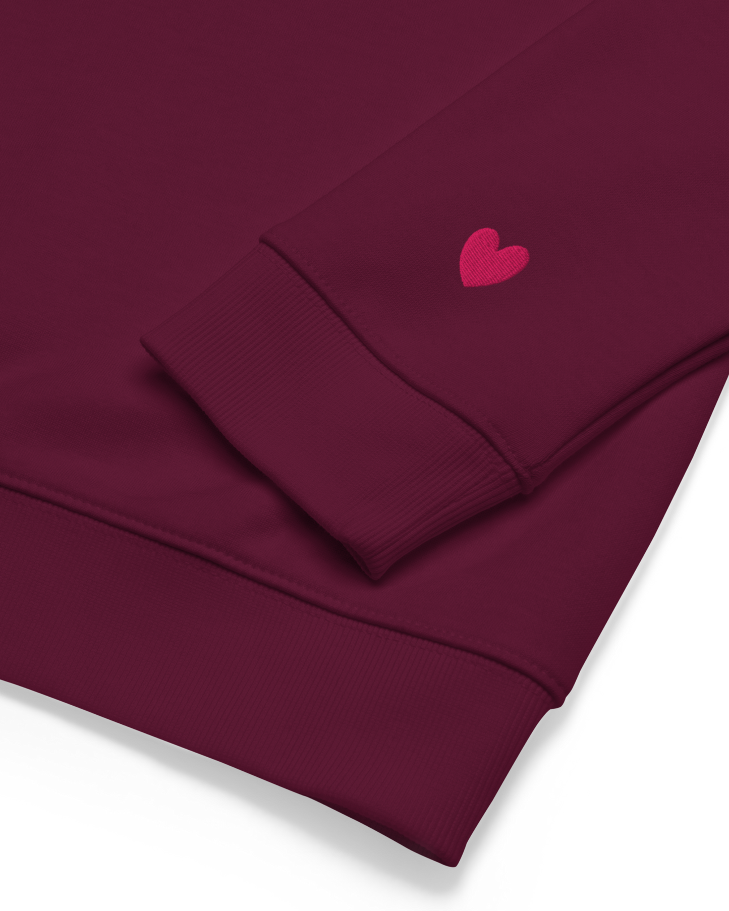 Ember Blend Sweater in burgundy and lipstick pink with Made To Feel embroidery and lipstick mark sleeve detail