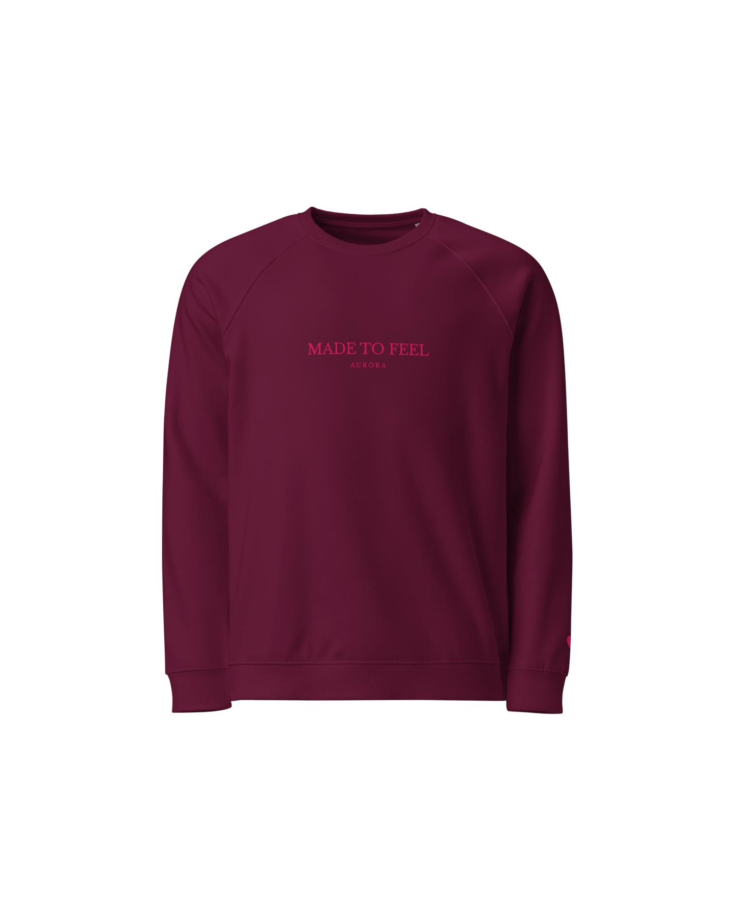 Ember Blend Sweater in burgundy and lipstick pink with Made To Feel embroidery and lipstick mark sleeve detail
