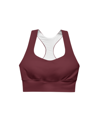 Ember Recycled Sport Top in burgundy with brand back detail
