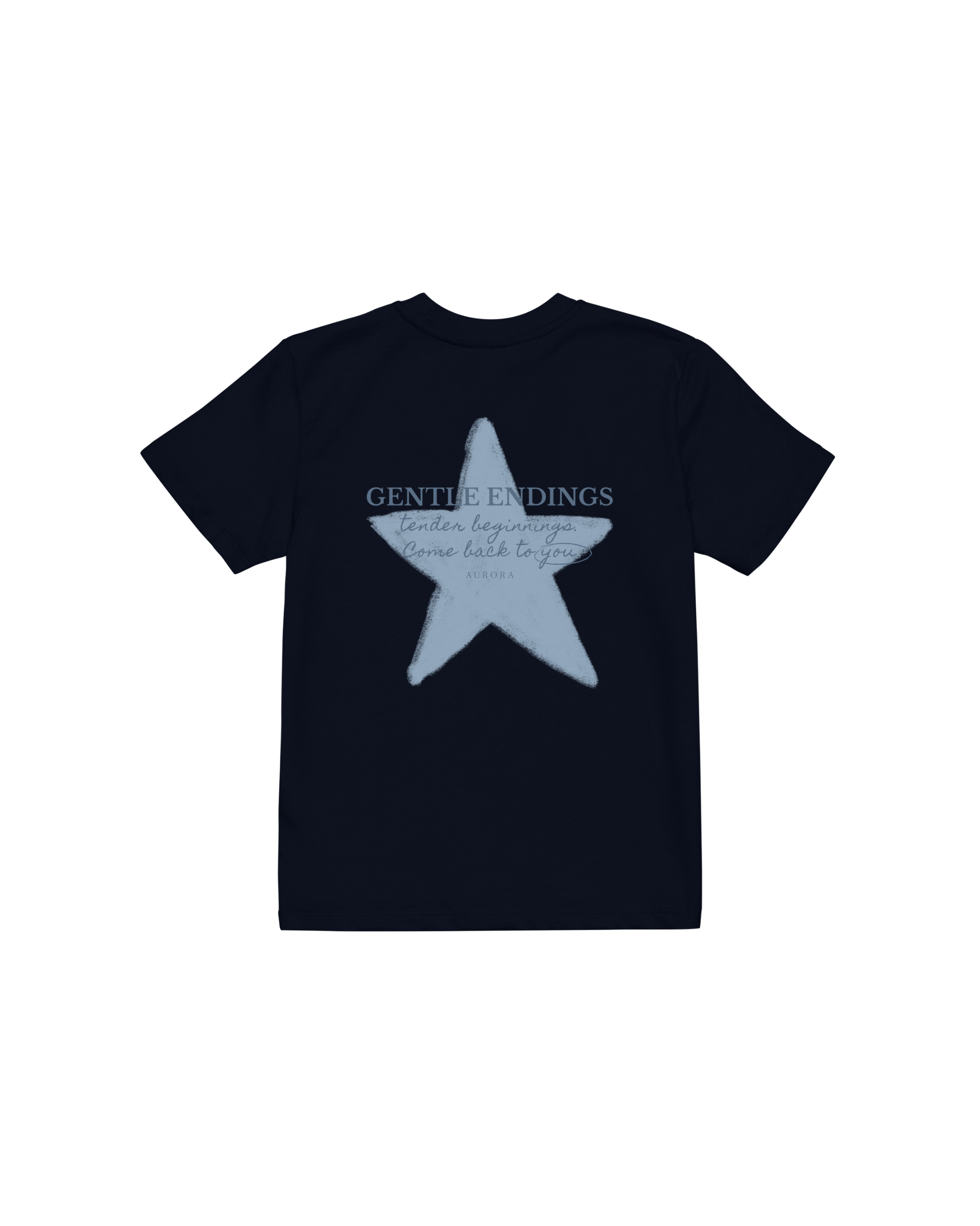 Gentle Endings Organic Kids T-shirt in navy blue with star and Gentle Endings Tender Beginnings back print