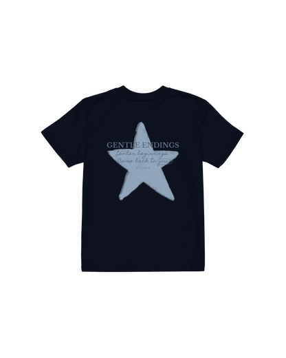 Gentle Endings Organic Kids T-shirt in navy blue with star and Gentle Endings Tender Beginnings back print
