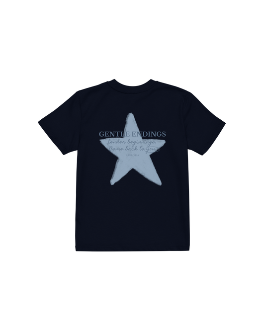 Gentle Endings Organic Kids T-shirt in navy blue with star and Gentle Endings Tender Beginnings back print