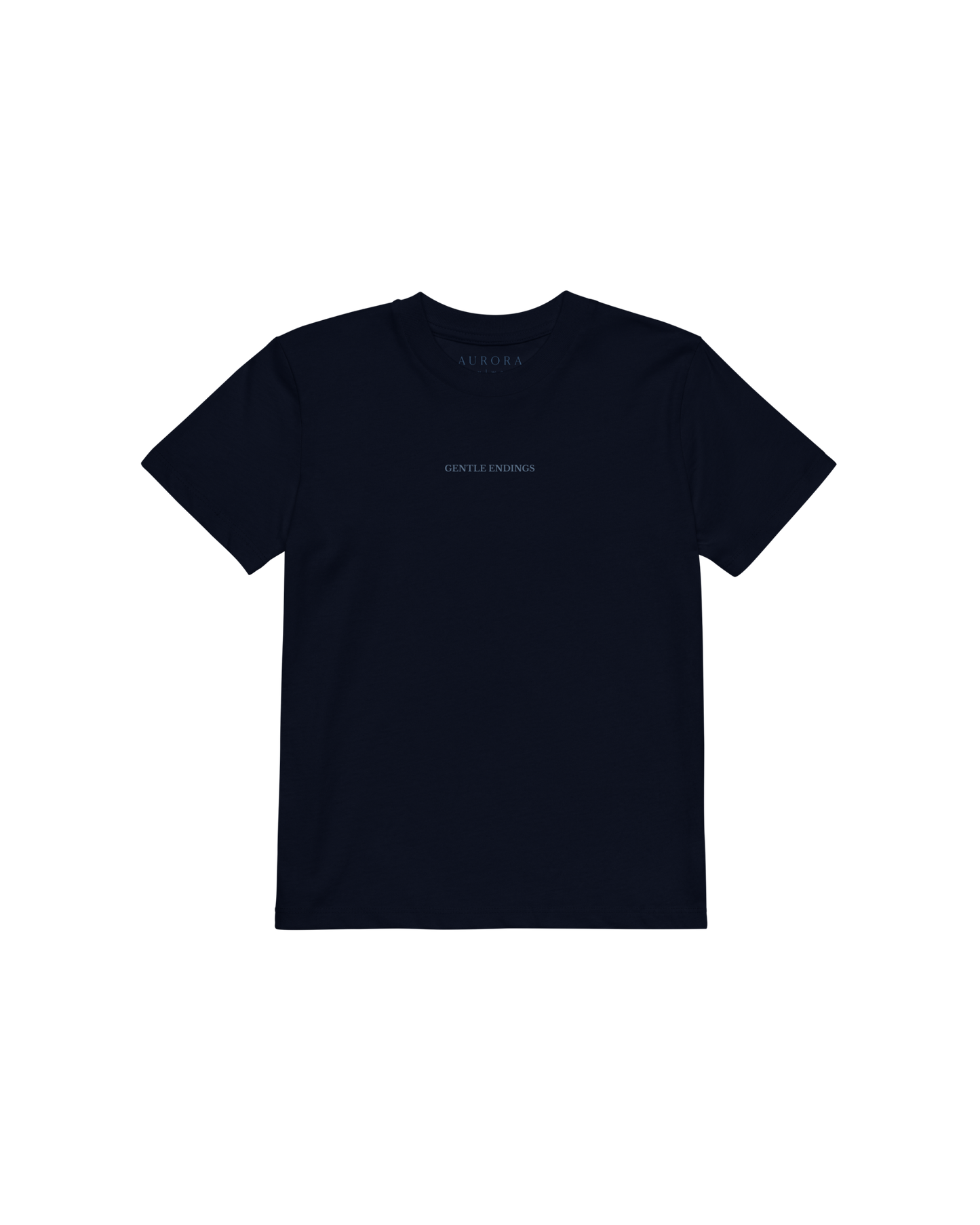 Gentle Endings Organic Kids T-shirt in navy blue with star and Gentle Endings Tender Beginnings back print