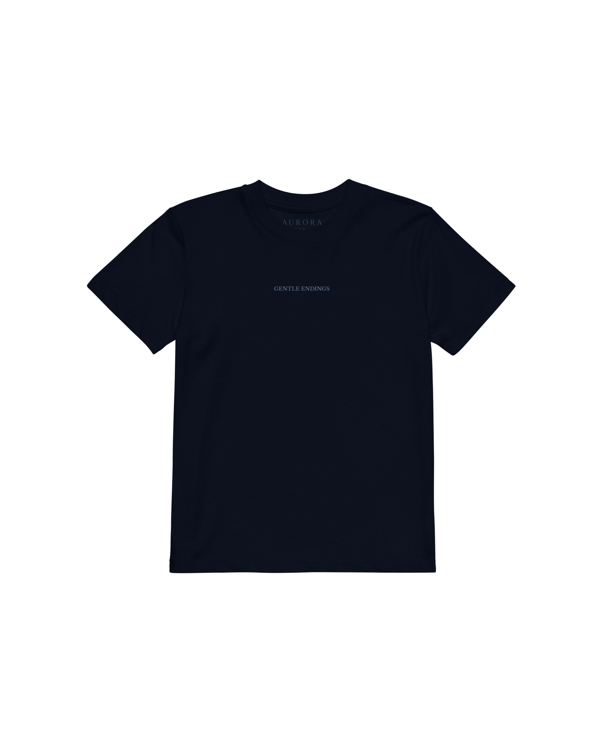 Gentle Endings Organic Kids T-shirt in navy blue with star and Gentle Endings Tender Beginnings back print