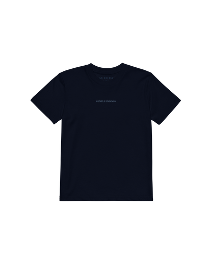 Gentle Endings Organic Kids T-shirt in navy blue with star and Gentle Endings Tender Beginnings back print