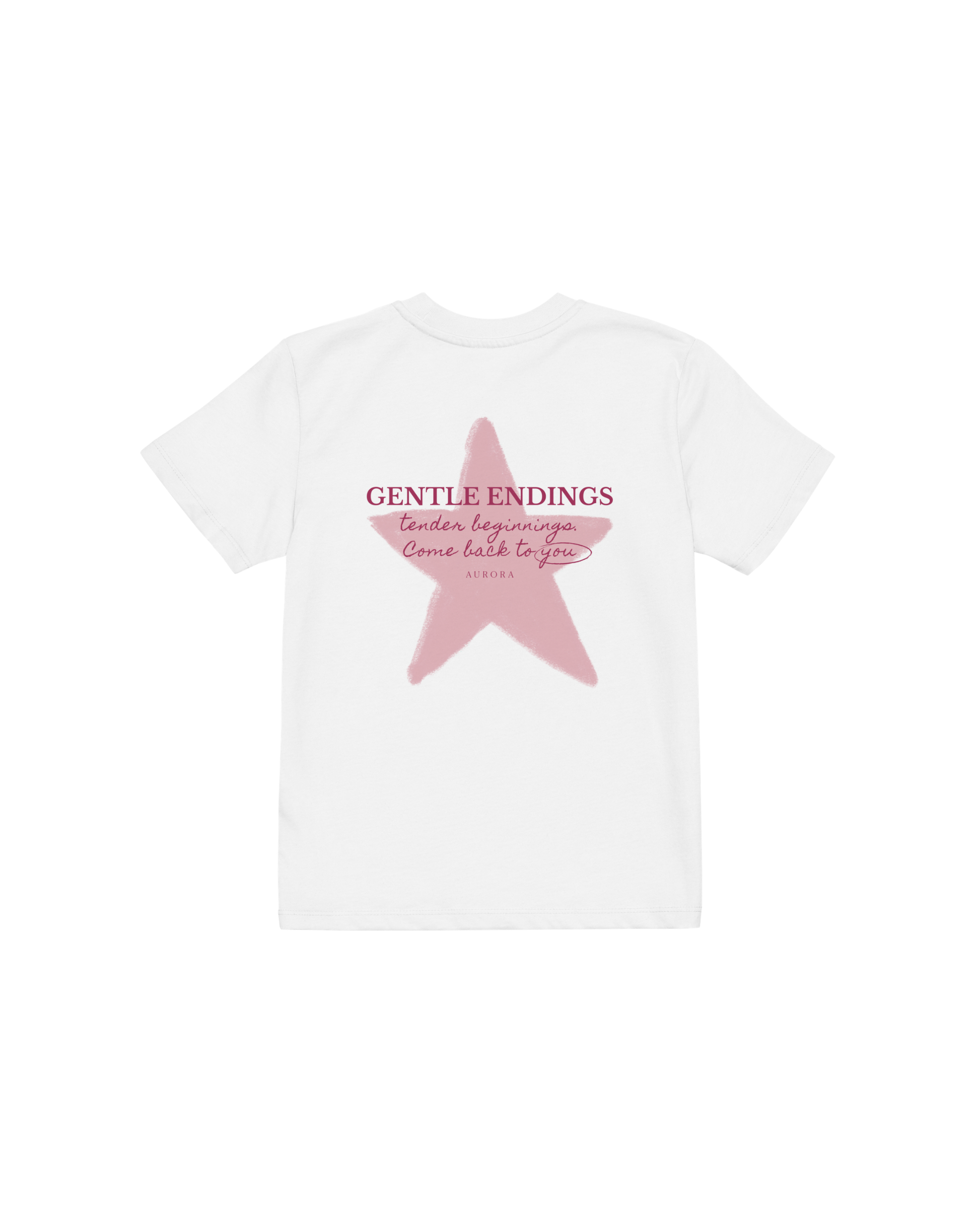 Gentle Endings Organic Kids T-shirt in white with lipstick pink star and Gentle Endings Tender Beginnings back print