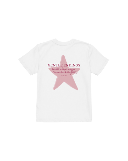 Gentle Endings Organic Kids T-shirt in white with lipstick pink star and Gentle Endings Tender Beginnings back print