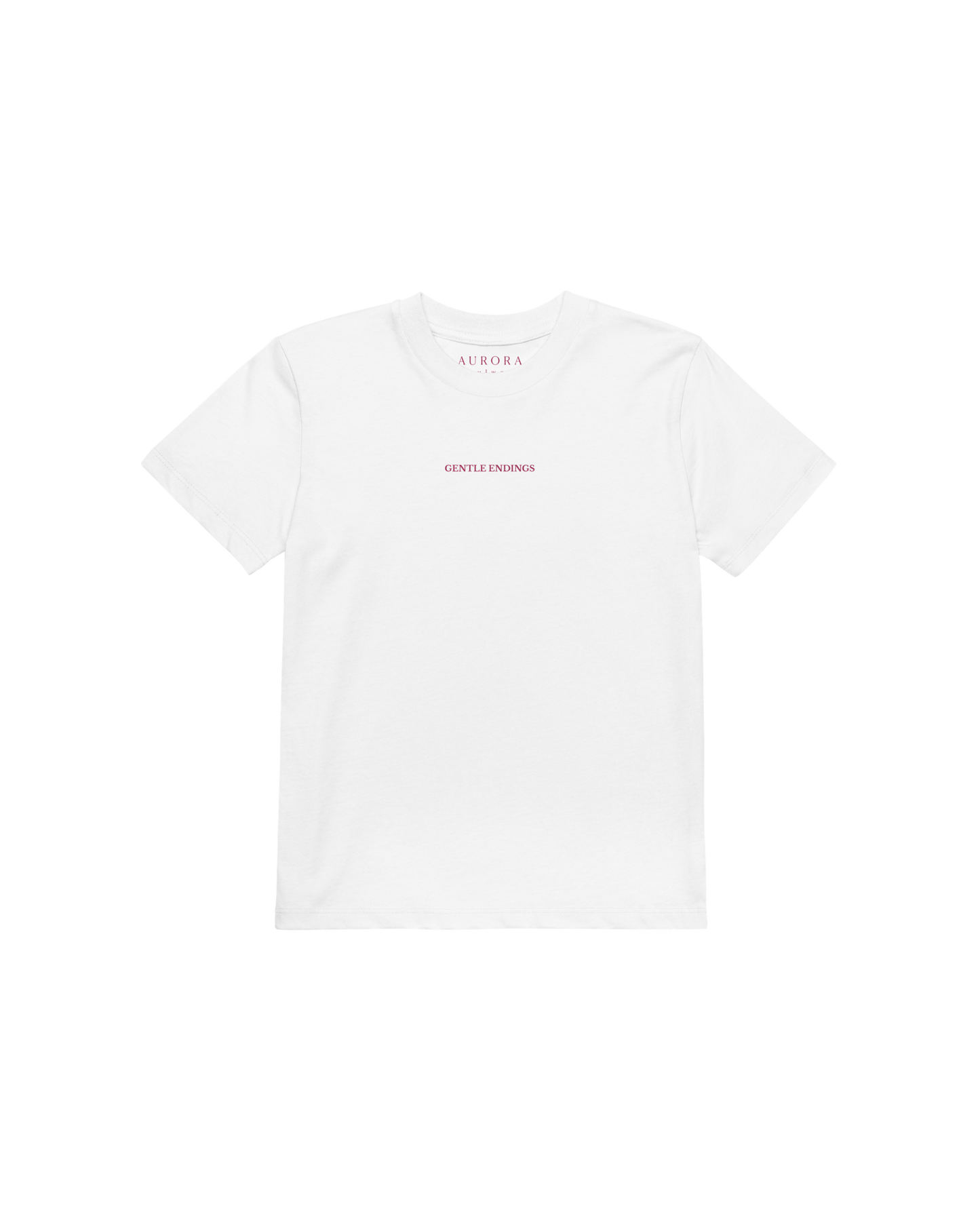 Gentle Endings Organic Kids T-shirt in white with lipstick pink star and Gentle Endings Tender Beginnings back print