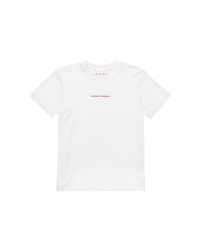 Gentle Endings Organic Kids T-shirt in white with lipstick pink star and Gentle Endings Tender Beginnings back print