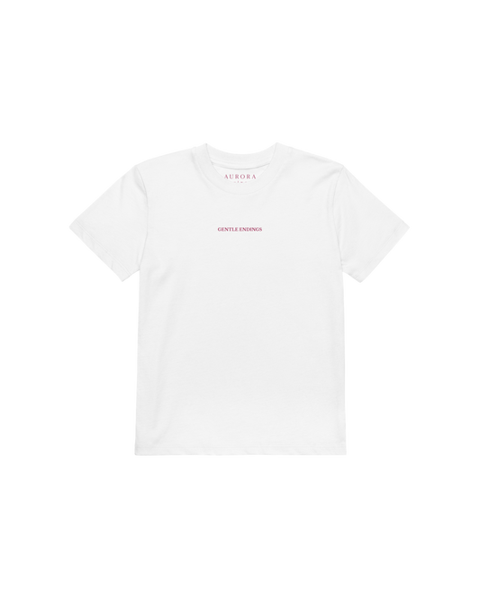 Gentle Endings Organic Kids T-shirt in white with lipstick pink star and Gentle Endings Tender Beginnings back print