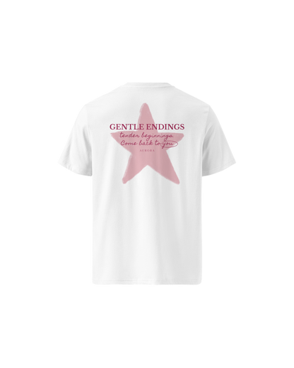 Gentle Endings Organic T-shirt in white and lipstick pink with star and Gentle Endings Tender Beginnings back print