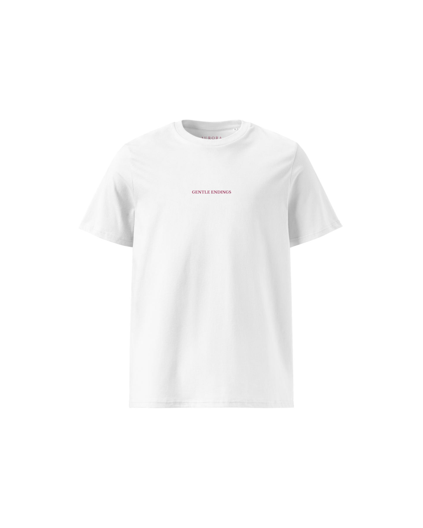 Gentle Endings Organic T-shirt in white and lipstick pink with star and Gentle Endings Tender Beginnings back print