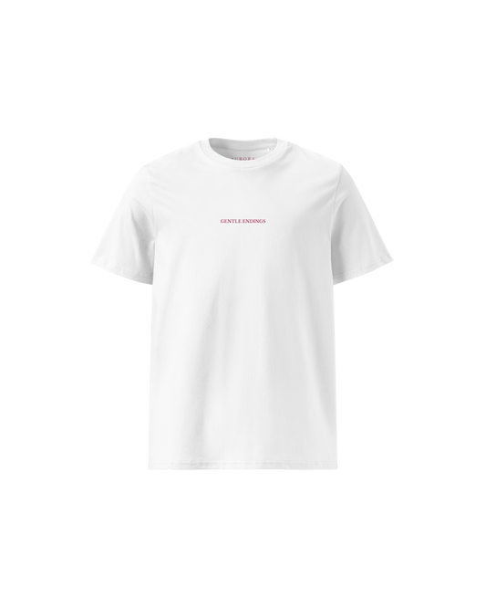 Gentle Endings Organic T-shirt in white and lipstick pink with star and Gentle Endings Tender Beginnings back print