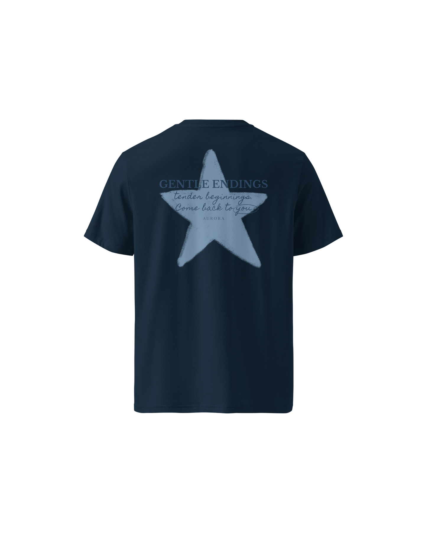 Gentle Endings Organic T-shirt in navy blue with star and Gentle Endings Tender Beginnings back print