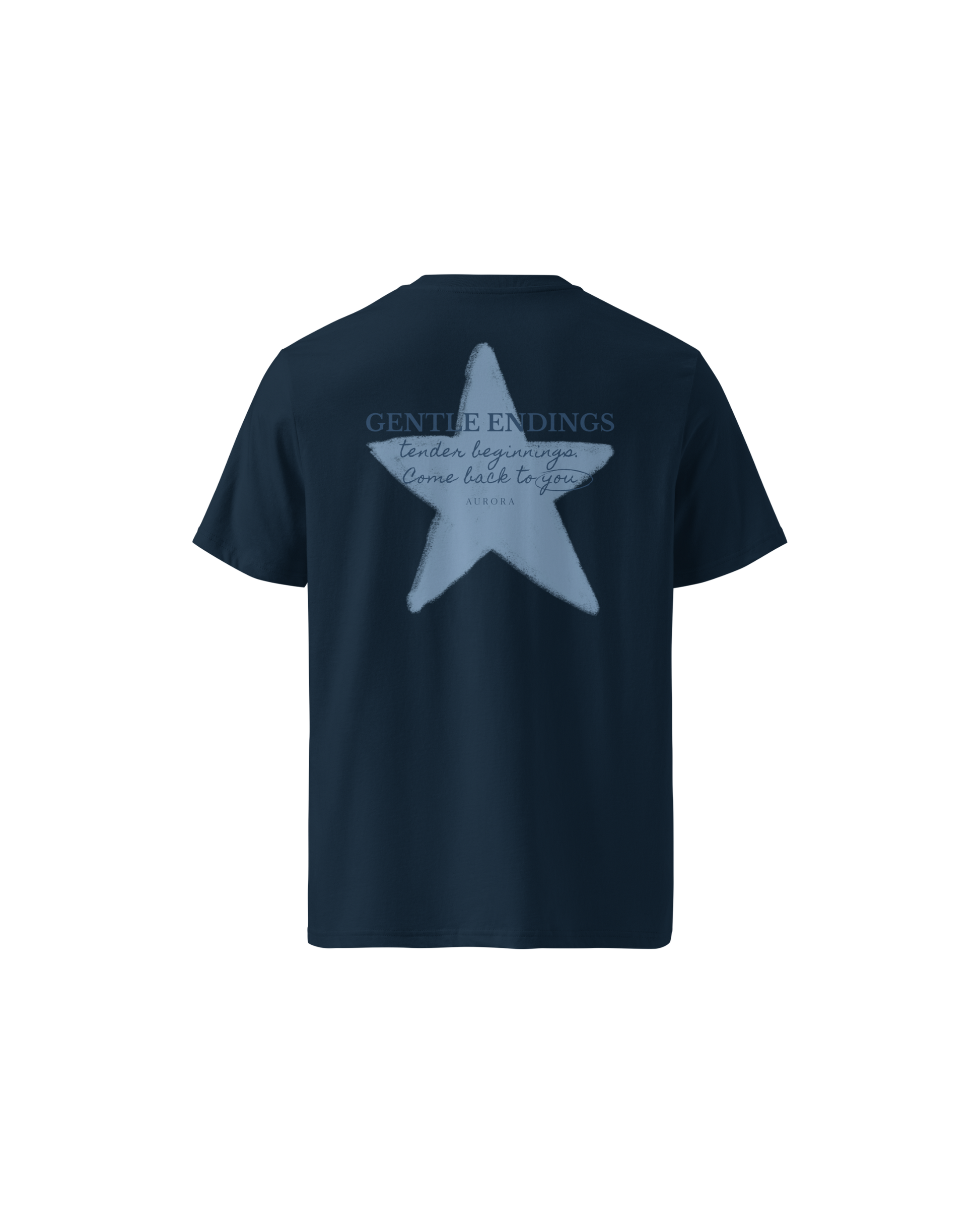 Gentle Endings Organic T-shirt in navy blue with star and Gentle Endings Tender Beginnings back print