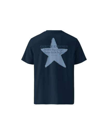 Gentle Endings Organic T-shirt in navy blue with star and Gentle Endings Tender Beginnings back print