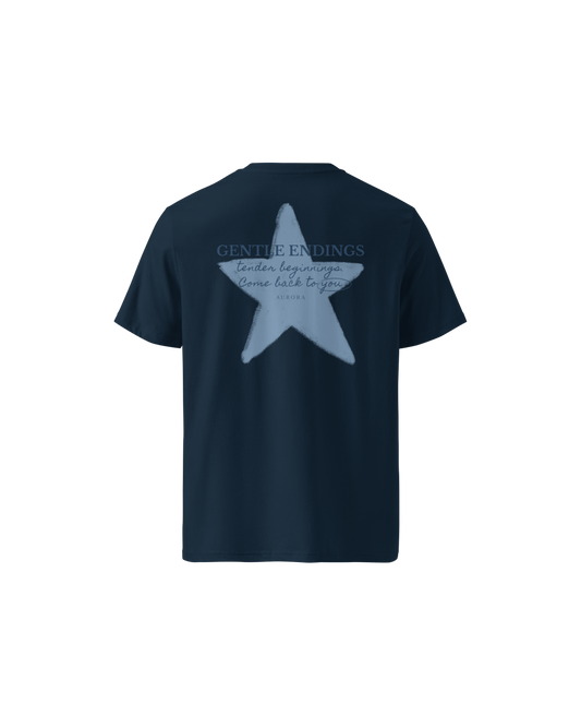 Gentle Endings Organic T-shirt in navy blue with star and Gentle Endings Tender Beginnings back print