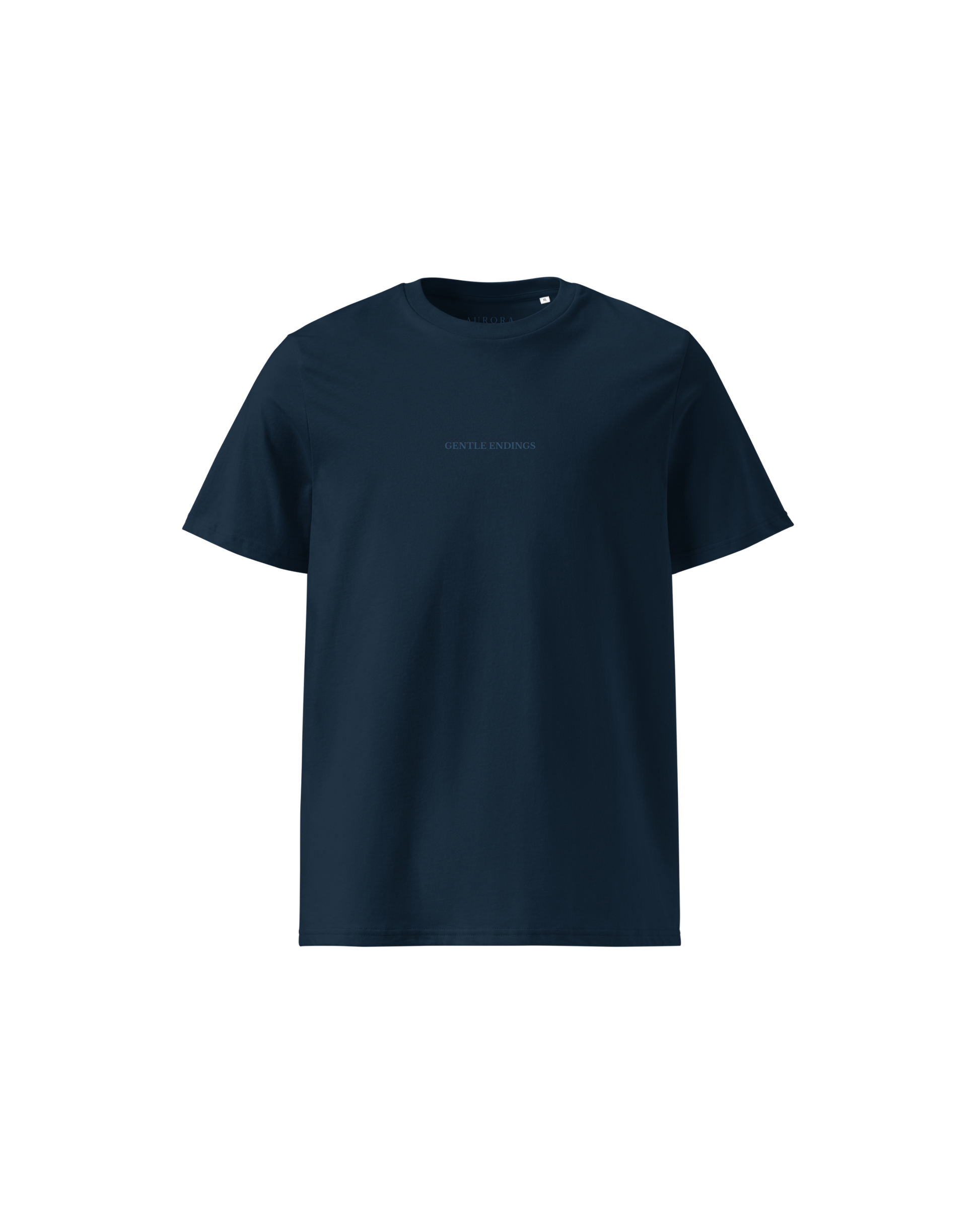 Gentle Endings Organic T-shirt in navy blue with star and Gentle Endings Tender Beginnings back print