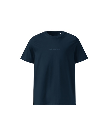 Gentle Endings Organic T-shirt in navy blue with star and Gentle Endings Tender Beginnings back print