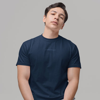 Gentle Endings Organic T-shirt in navy blue with star and Gentle Endings Tender Beginnings back print