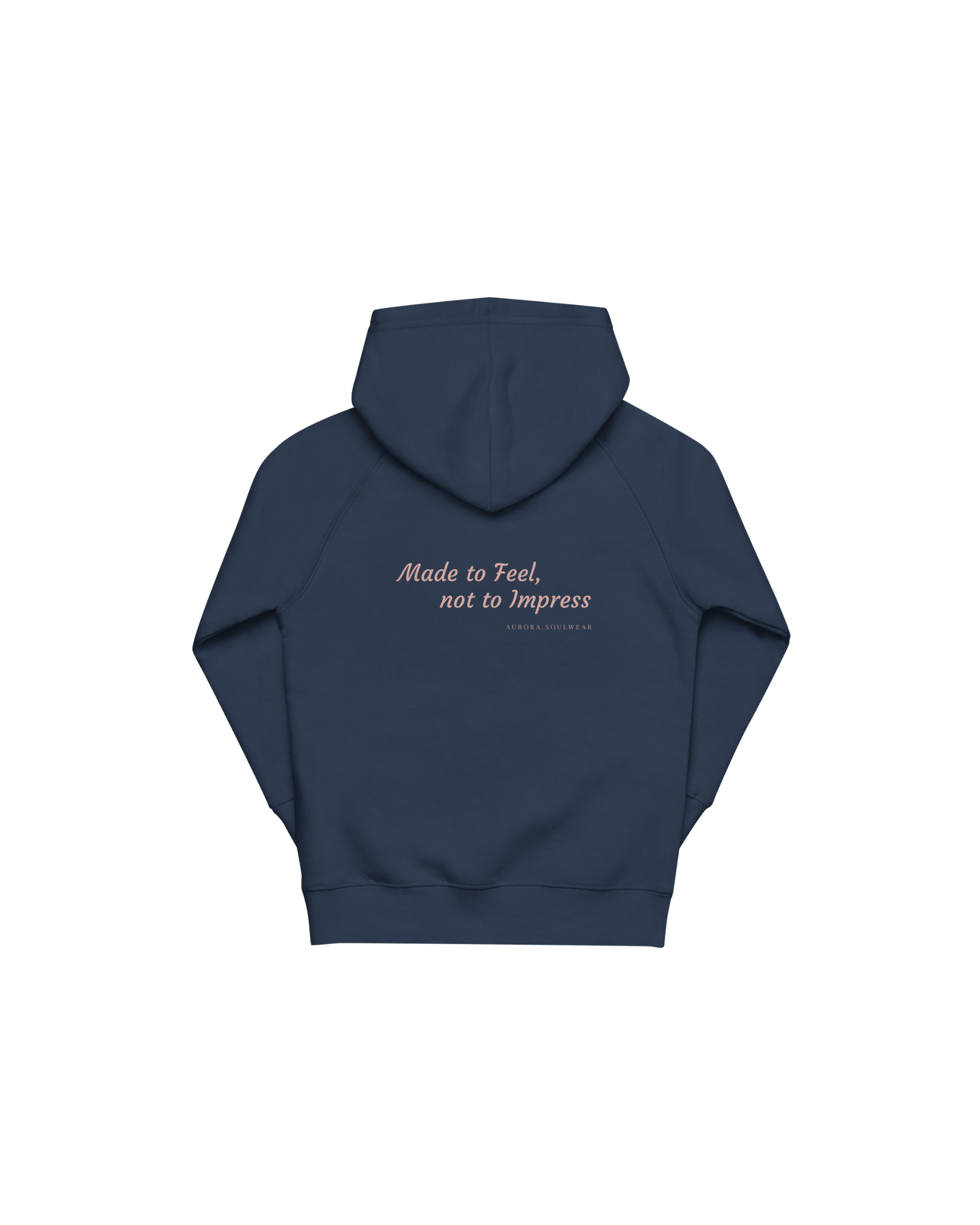 Navy kids hoodie with a small heart on the front, Aurora Soulwear.