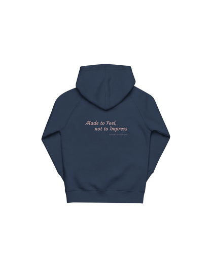 Navy kids hoodie with a small heart on the front, Aurora Soulwear.
