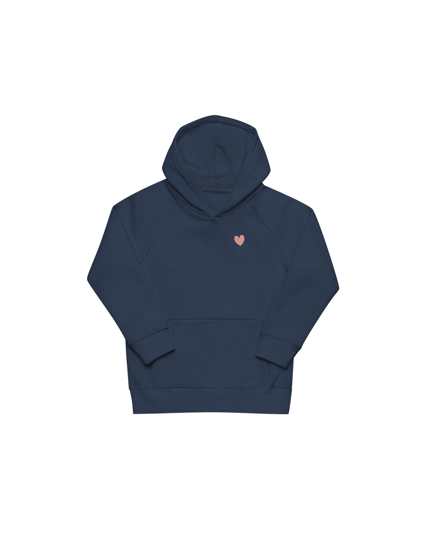 Navy kids hoodie with a small heart on the front, Aurora Soulwear.