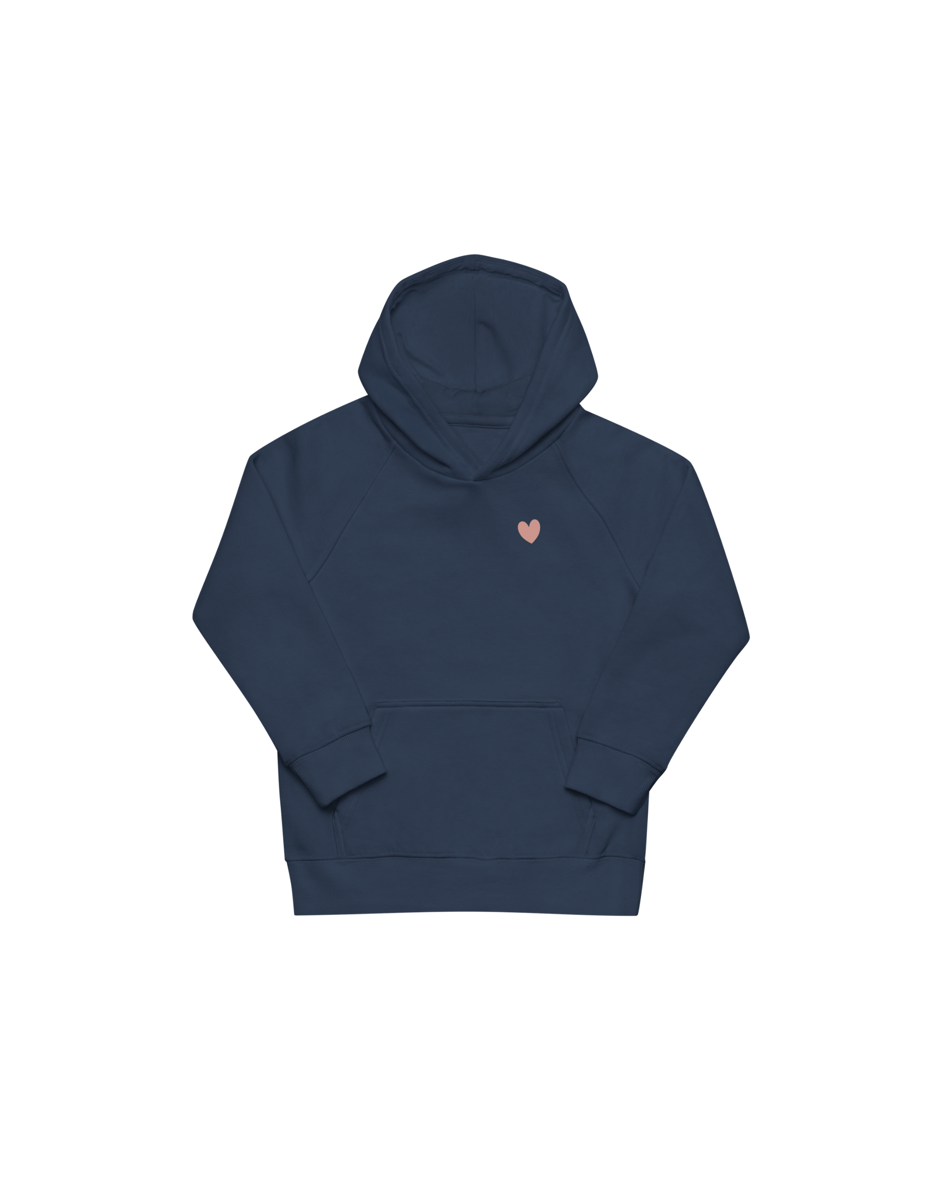 Navy kids hoodie with a small heart on the front, Aurora Soulwear.