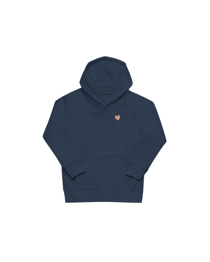 Navy kids hoodie with a small heart on the front, Aurora Soulwear.