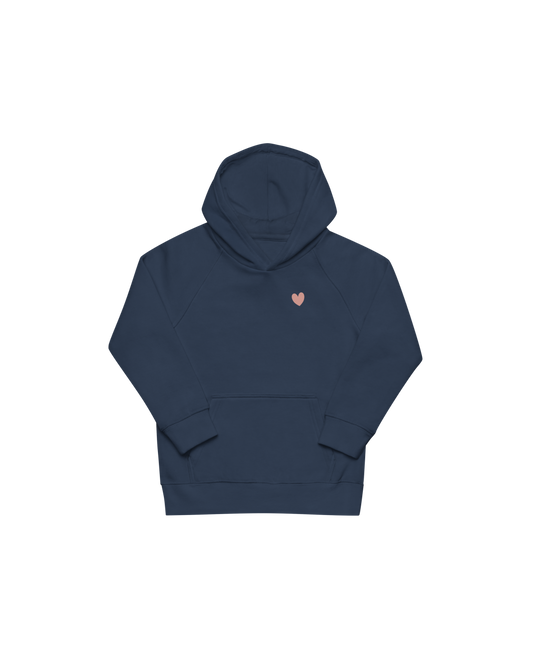 Navy kids hoodie with a small heart on the front, Aurora Soulwear.