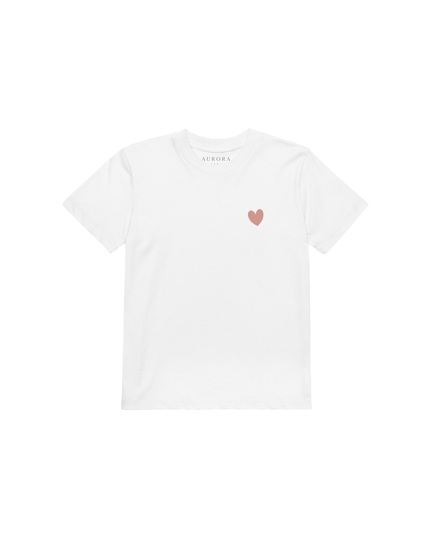 White organic cotton kids t-shirt with a small heart on the chest, Aurora Soulwear.