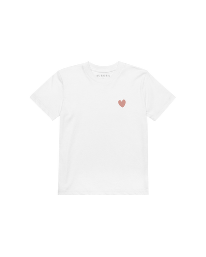 White organic cotton kids t-shirt with a small heart on the chest, Aurora Soulwear.