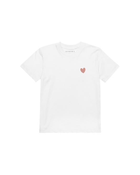 White organic cotton kids t-shirt with a small heart on the chest, Aurora Soulwear.