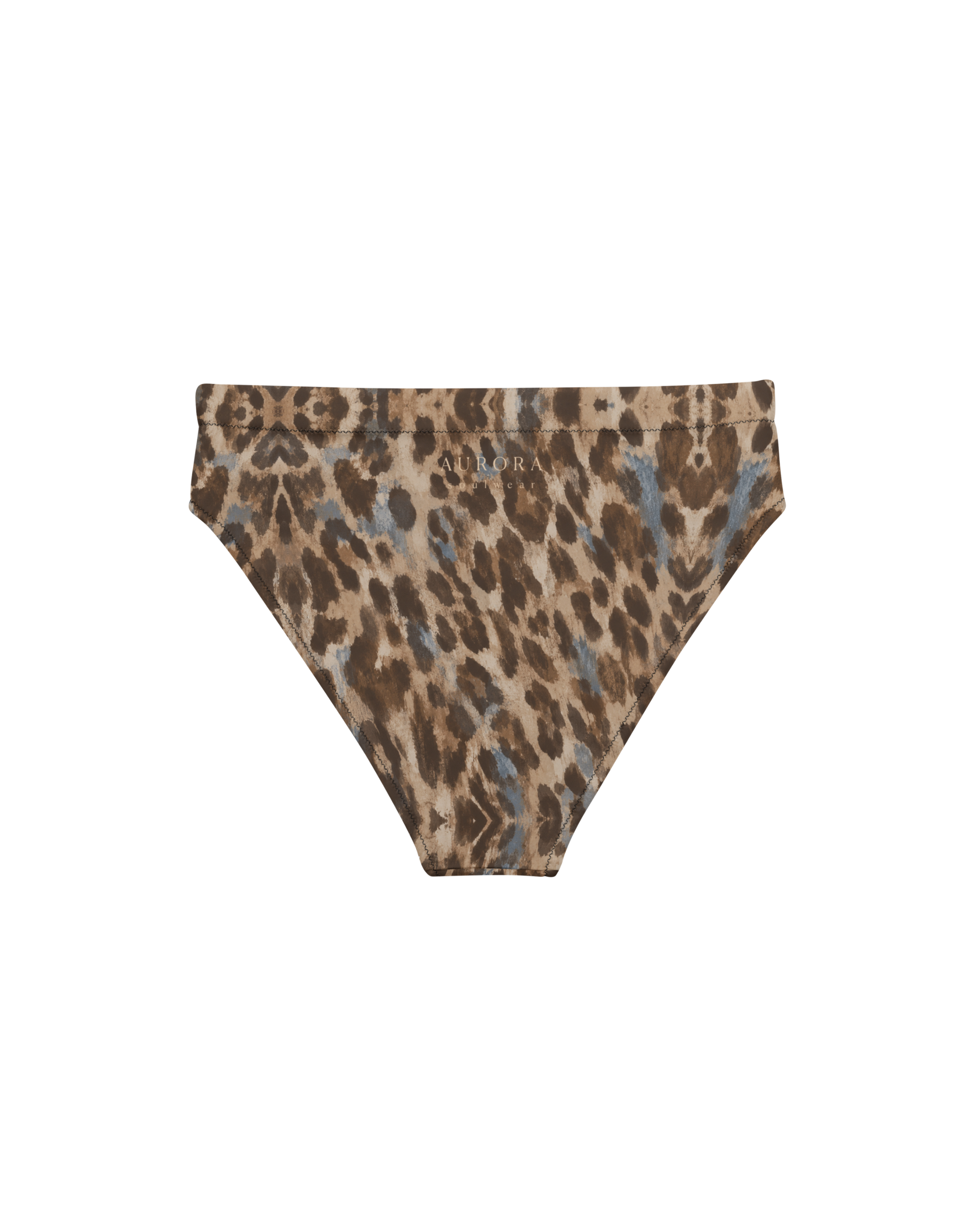 Leopard-print high-waisted bikini bottom, double-layered, from Aurora Soulwear's Heatwave collection.