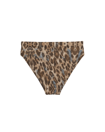 Leopard-print high-waisted bikini bottom, double-layered, from Aurora Soulwear's Heatwave collection.