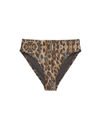 Leopard-print high-waisted bikini bottom, double-layered, from Aurora Soulwear's Heatwave collection.