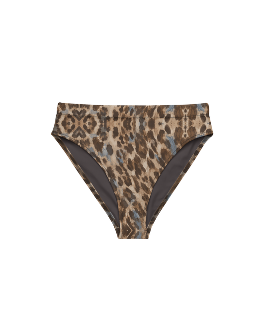 Leopard-print high-waisted bikini bottom, double-layered, from Aurora Soulwear's Heatwave collection.