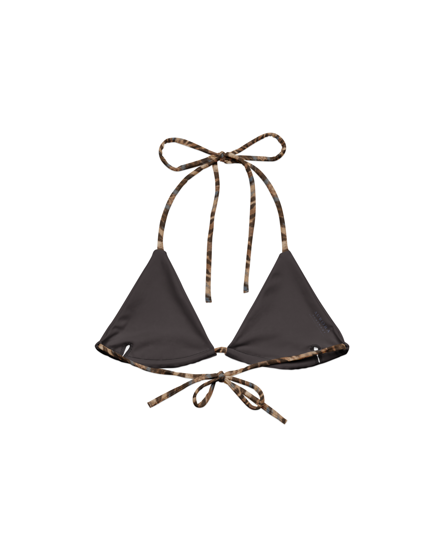 Leopard-print padded triangle bikini top with adjustable ties, from Aurora Soulwear's Heatwave collection.