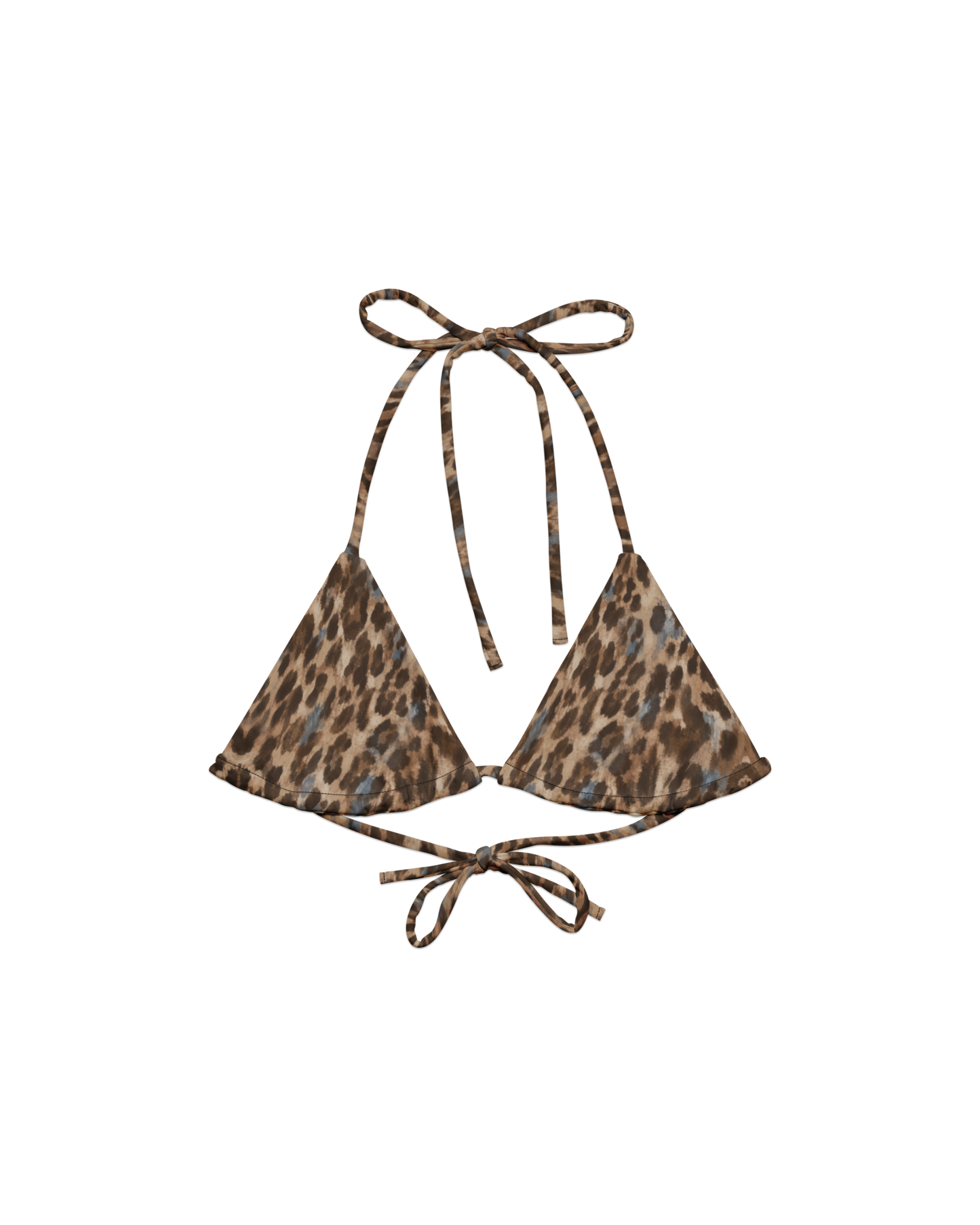 Leopard-print padded triangle bikini top with adjustable ties, from Aurora Soulwear's Heatwave collection.