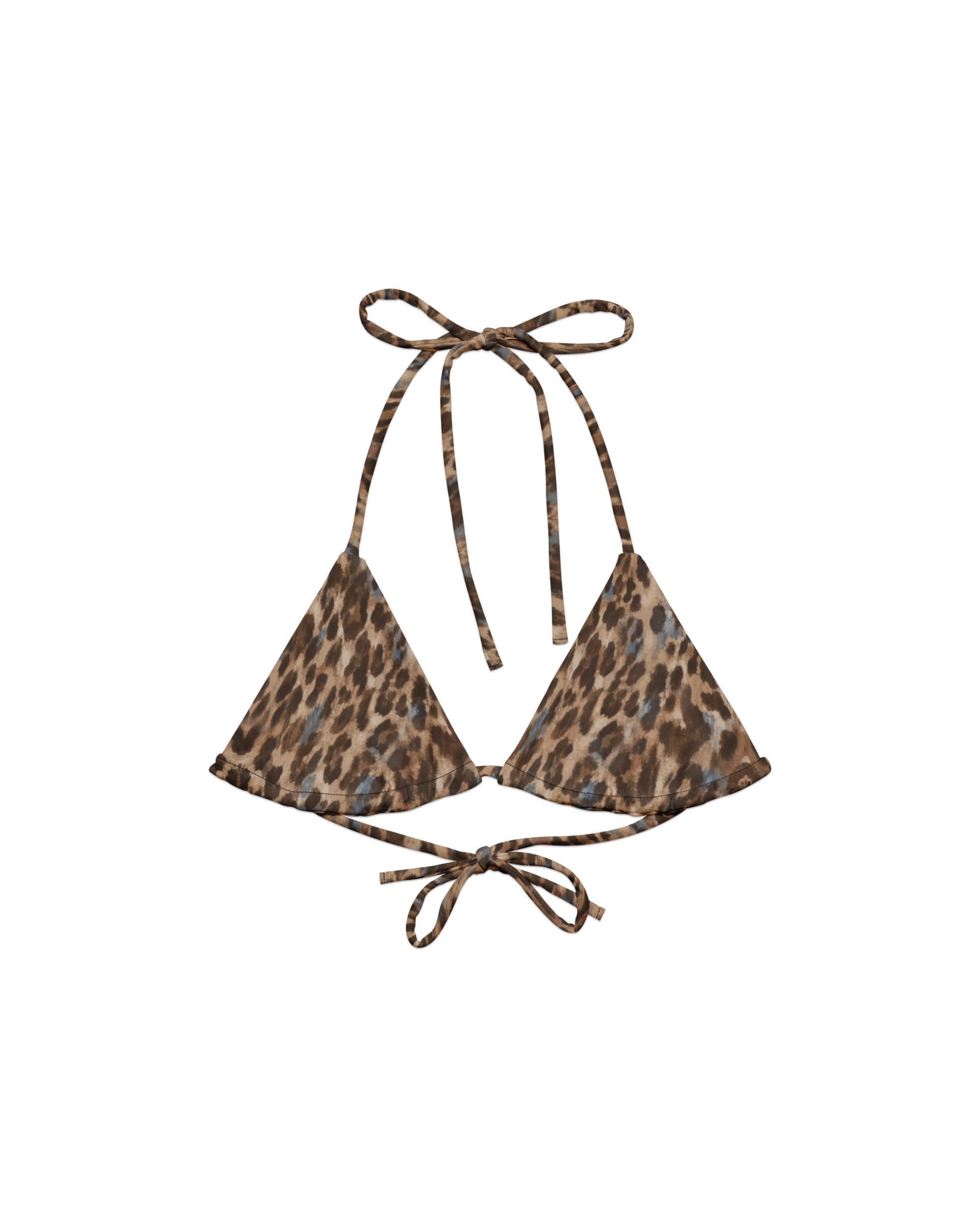 Leopard-print padded triangle bikini top with adjustable ties, from Aurora Soulwear's Heatwave collection.
