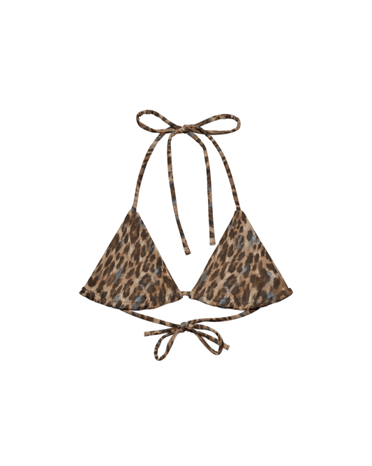 Leopard-print padded triangle bikini top with adjustable ties, from Aurora Soulwear's Heatwave collection.