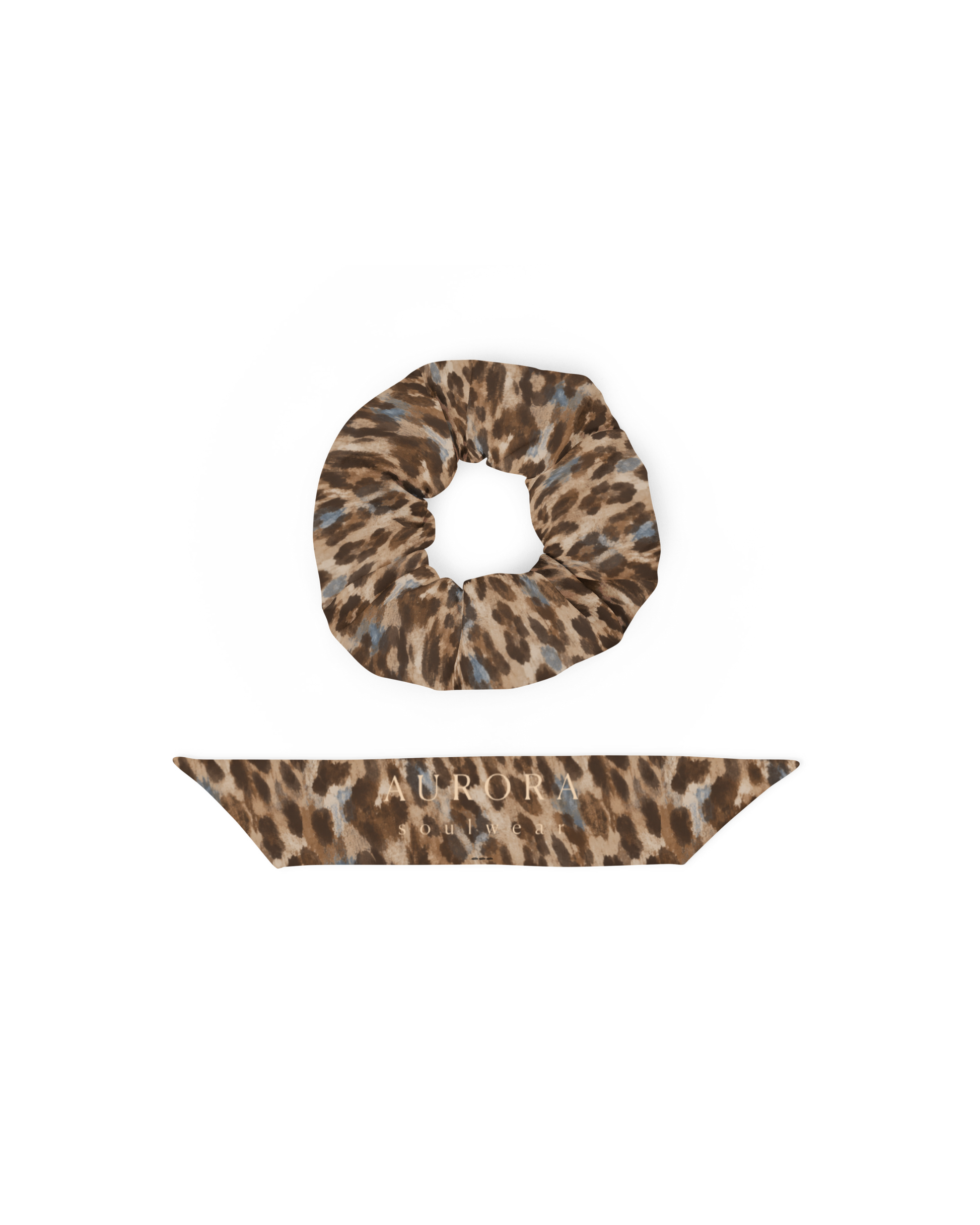 Leopard-print hair scrunchie with removable bow, from Aurora Soulwear's Heatwave collection.