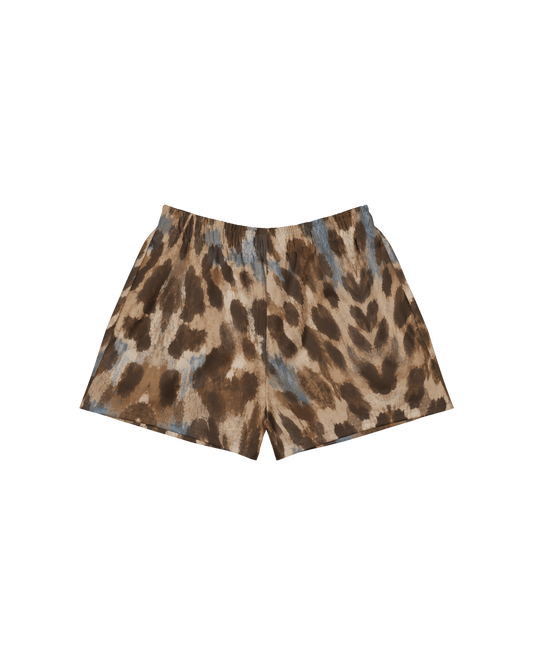 Leopard-print lightweight shorts with drawstring waist, from Aurora Soulwear's Heatwave collection.