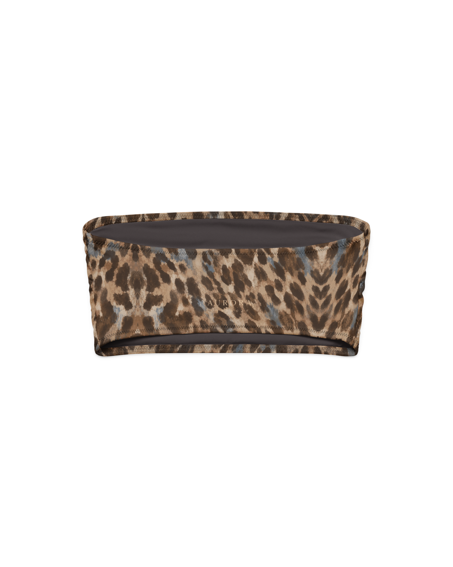 Leopard-print bandeau bikini top, strapless and double-layered, from Aurora Soulwear's Heatwave collection.